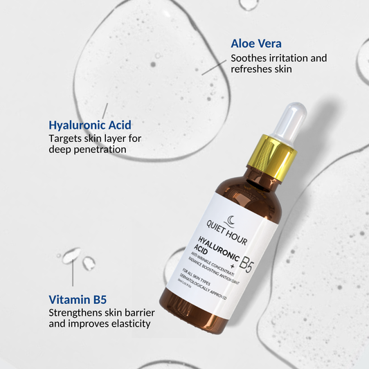 Skincare dropper bottle with ingredients labeled on a light background