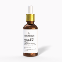 Brown serum bottle with dropper labeled 'Quiet Hour Retinol B3 Serum' on a white background