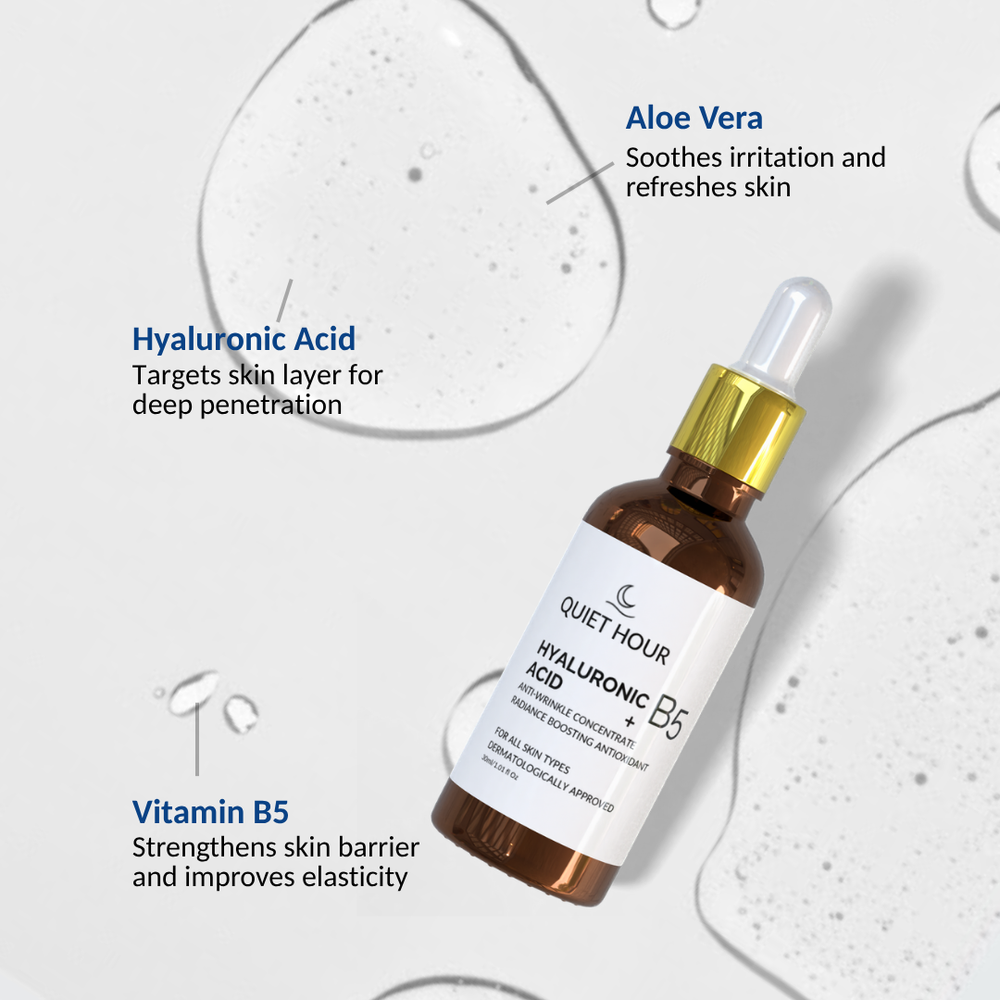 Skincare dropper bottle with ingredients labeled on a light background