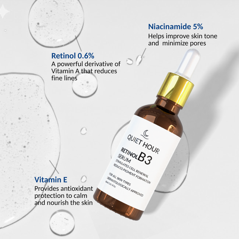 Skincare serum bottle with dropper labeled 'Quiet Hour' on a light background